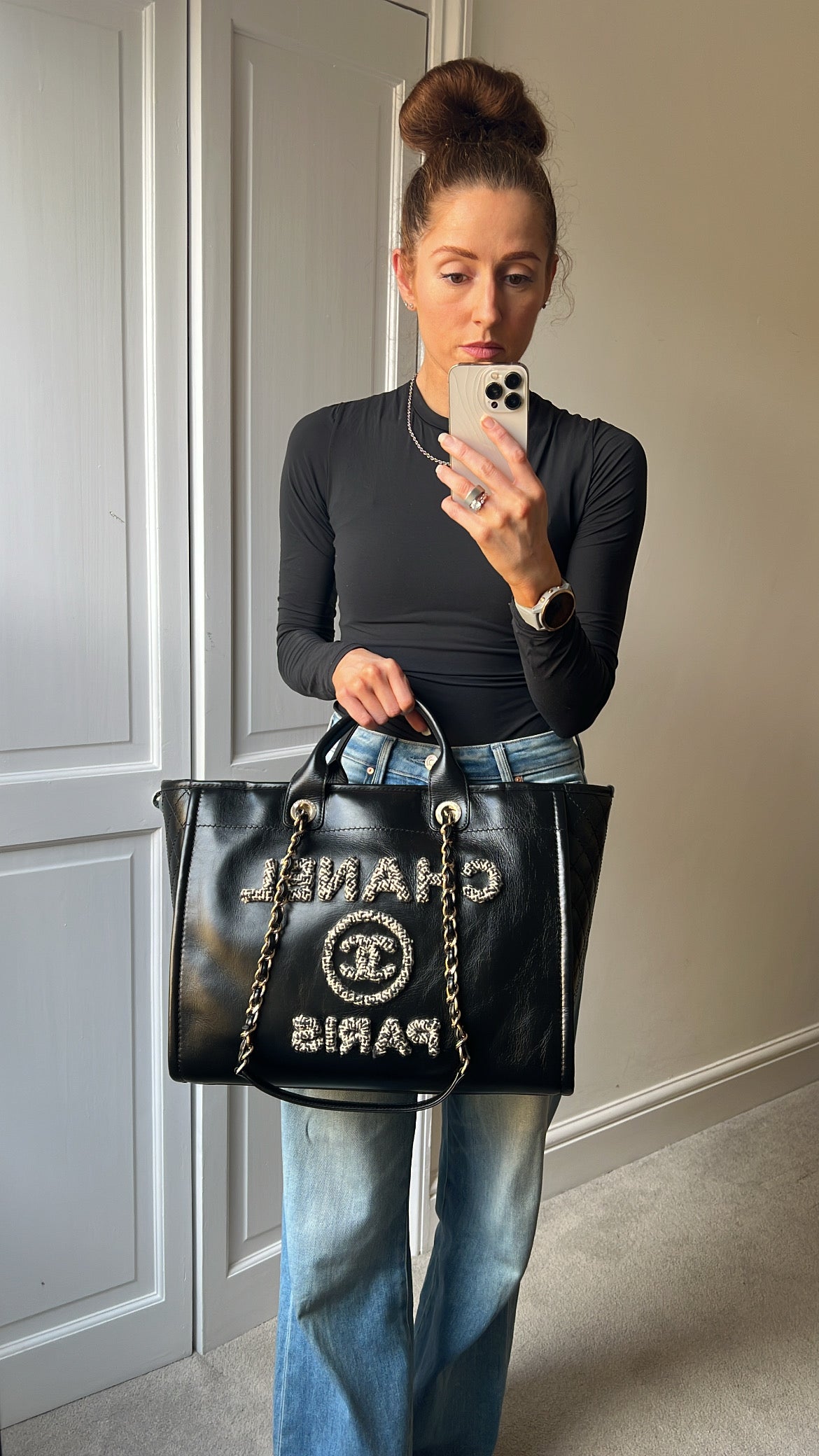 Chanel Deauville Tote in Black Glazed Calfskin and Monochrome Boucle Tweed (RRP £5800)