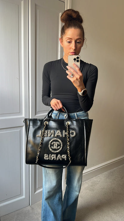 Chanel Deauville Tote in Black Glazed Calfskin and Monochrome Boucle Tweed (RRP £5800)