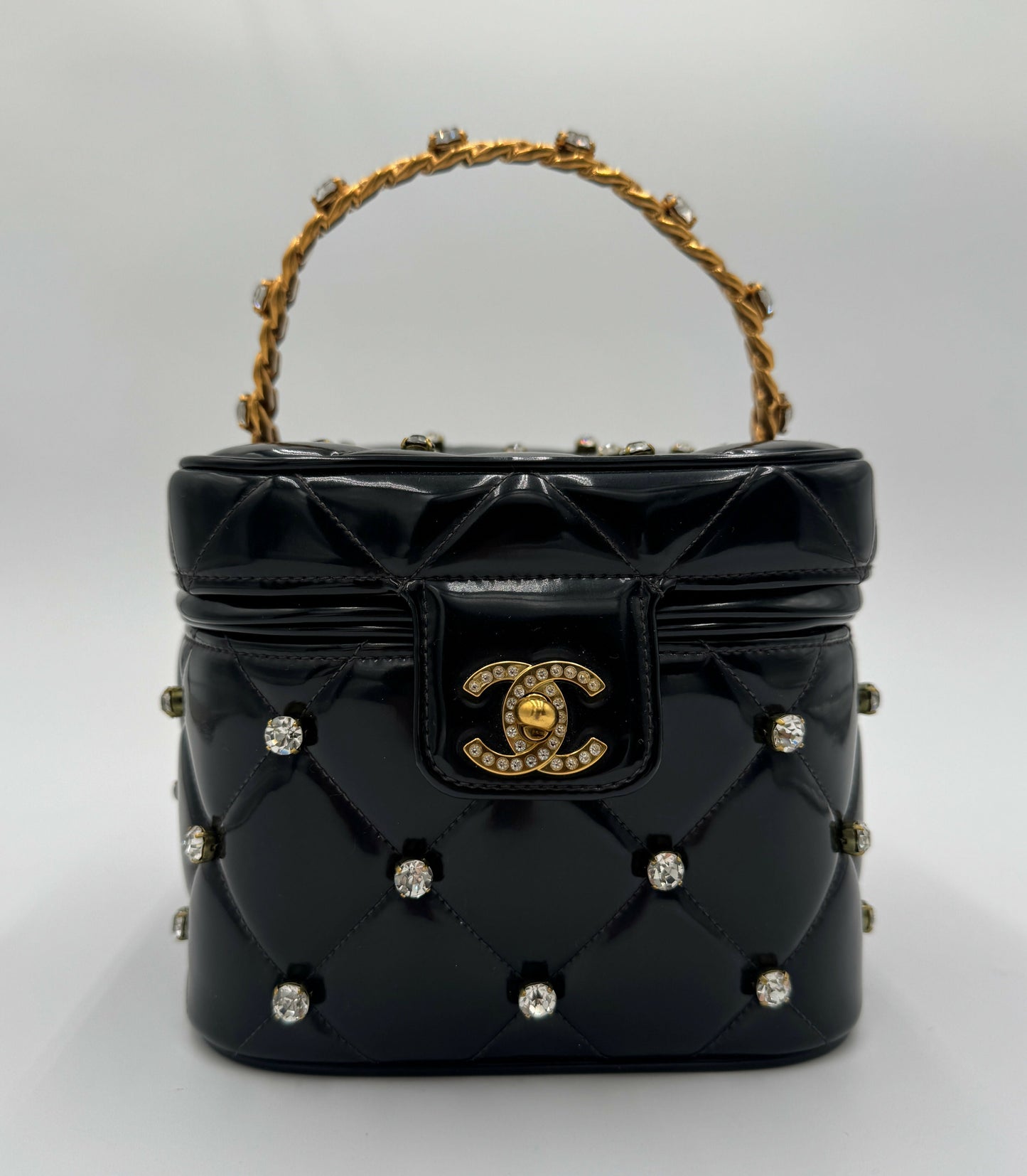 Chanel 1995 Barbie Black Rhinestone Heart-Mirror Vanity Case Bag