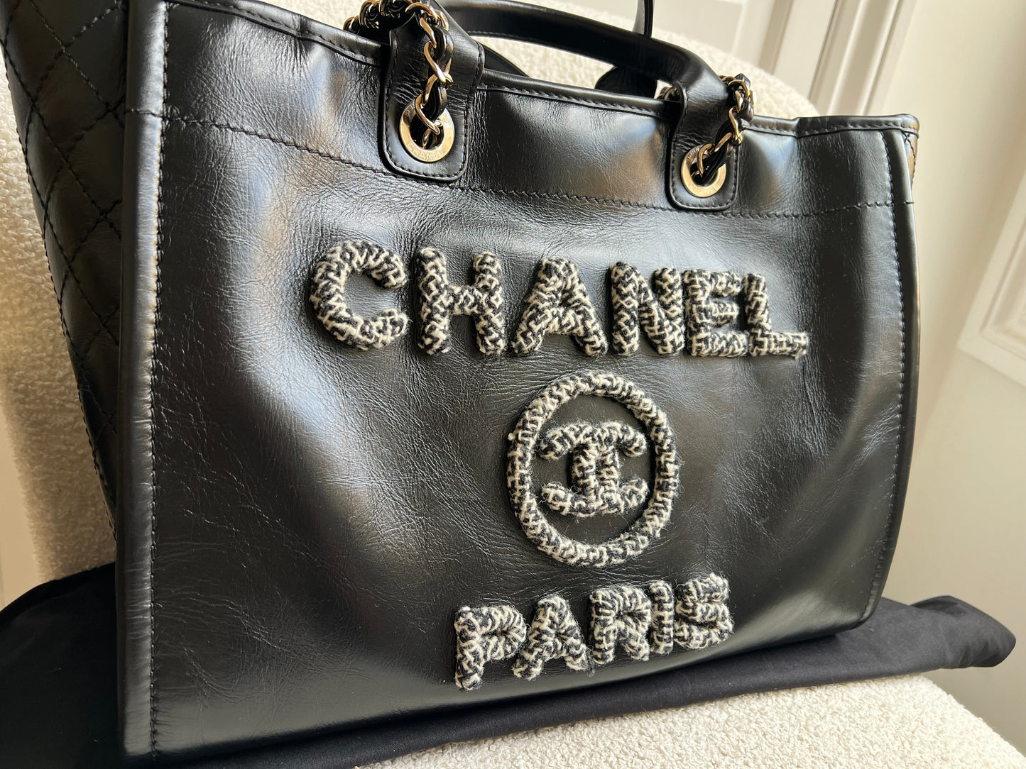 Chanel Deauville Tote in Black Glazed Calfskin and Monochrome Boucle Tweed (RRP £5800)