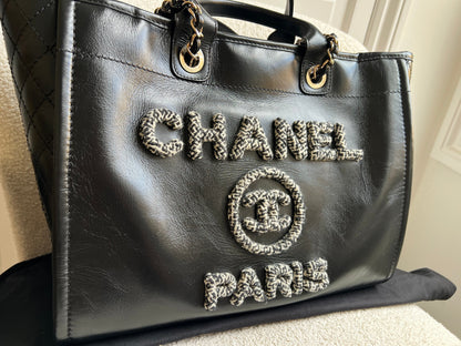 Chanel Deauville Tote in Black Glazed Calfskin and Monochrome Boucle Tweed (RRP £5800)