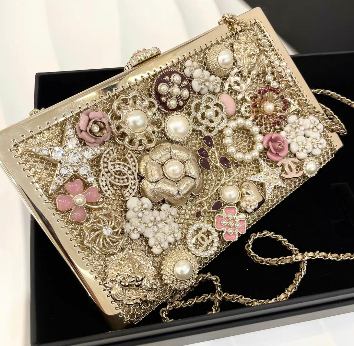 Chanel Cc Camellia Charm Bag Pearls And Pink Enamel With Gold Hardware