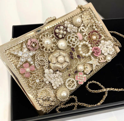 Chanel Cc Camellia Charm Bag Pearls And Pink Enamel With Gold Hardware