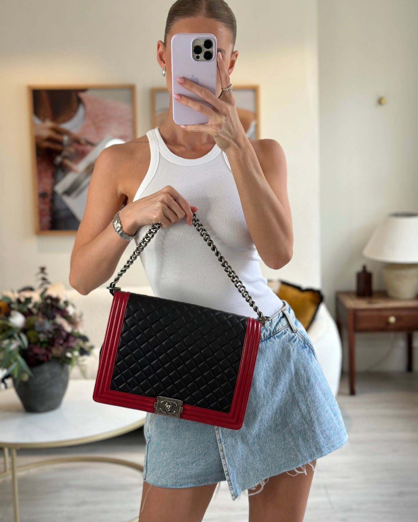 Chanel Boy Large Lambskin Leather Black Red Handbag