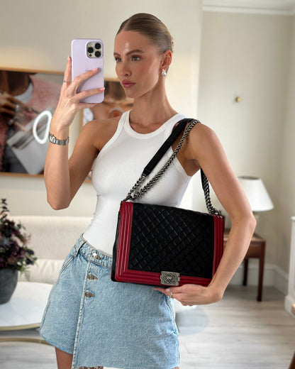 Chanel Boy Large Lambskin Leather Black Red Handbag Style