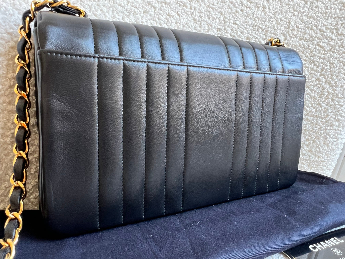 Chanel Medium Black Vertical Quilted Lambskin Vintage Classic Flap Bag with 24K gold hardware