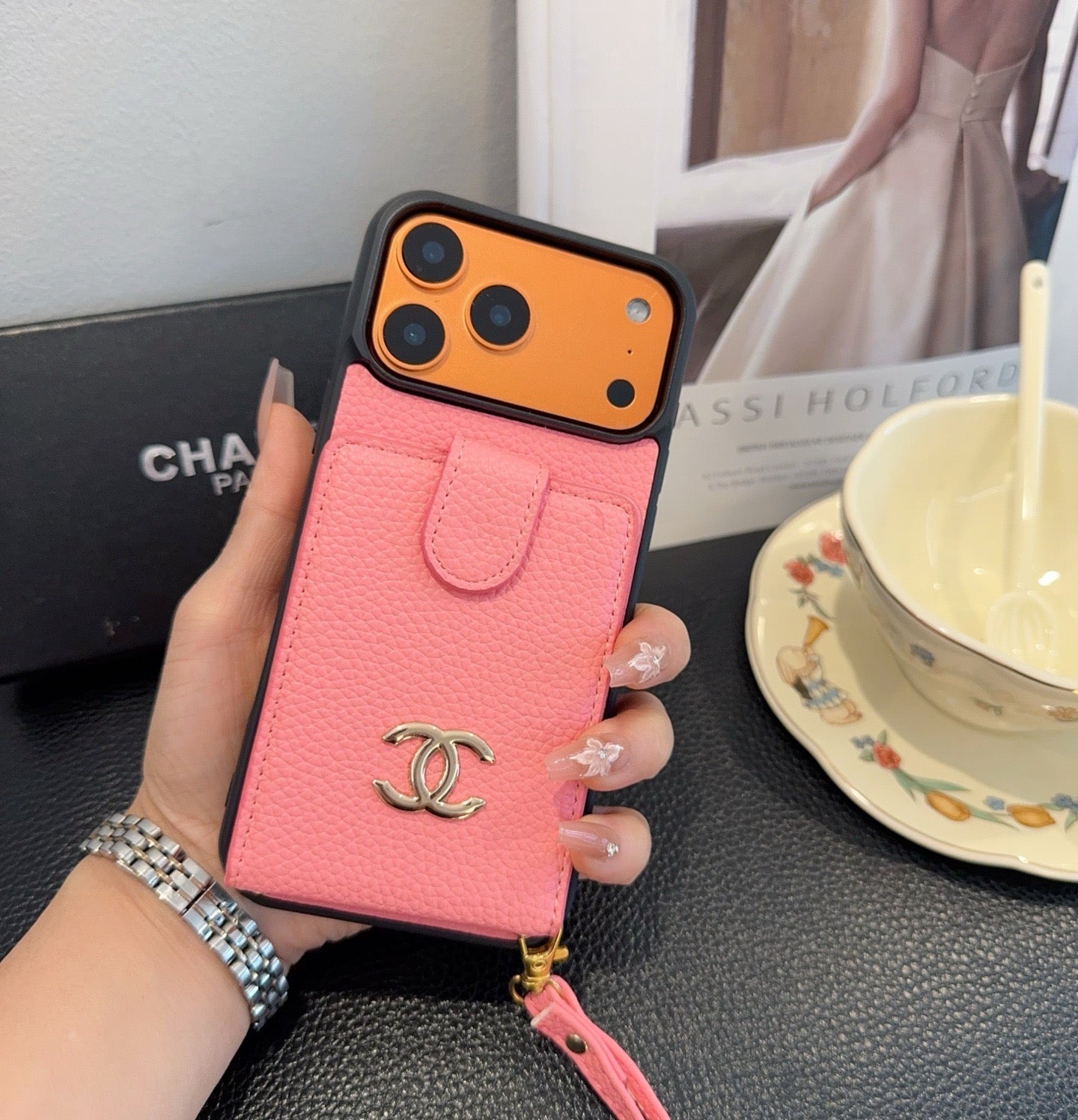 Chanel Style Leather Flip Card Holder Crossbody Phone Case