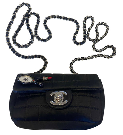 Chanel 04A Black Satin Mini Micro Square Quilted Lipstick Mirror Charm Flap Bag