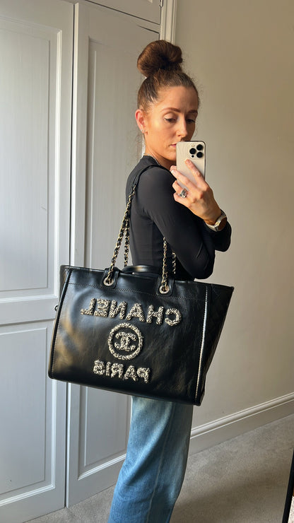 Chanel Deauville Tote in Black Glazed Calfskin and Monochrome Boucle Tweed (RRP £5800)
