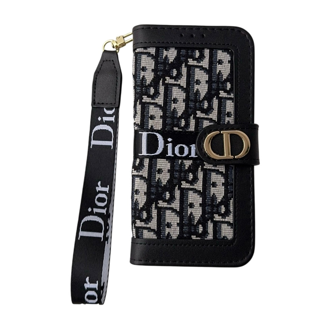Dior Oblique Monogram Flip Wallet Phone Case With Brand Wrist Strap
