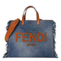 Fendi Denim Lavato Vitello King Logo Embroidered Frayed Tote Denim Chiaro Cuoio