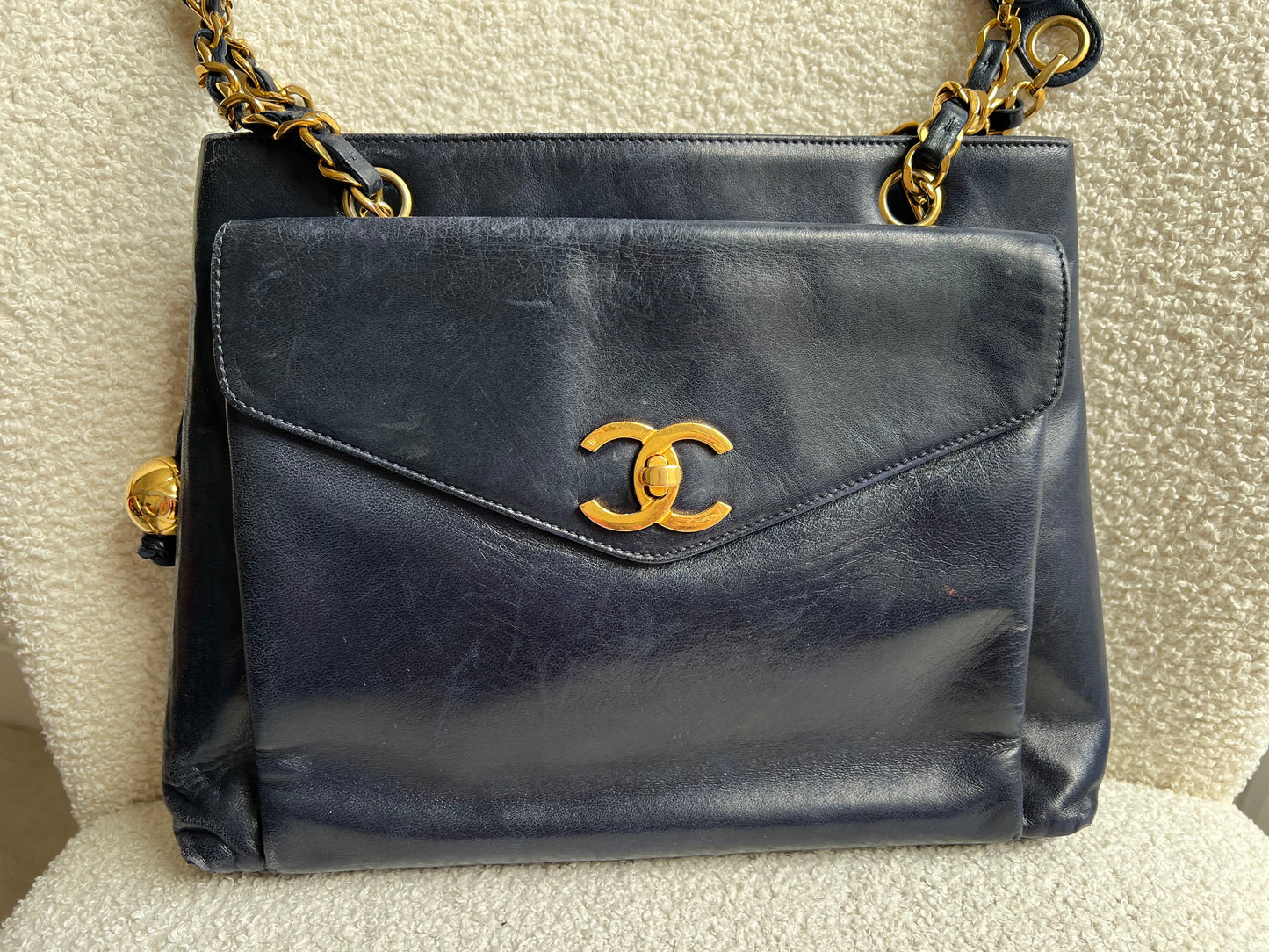 Chanel Vintage Navy Lambskin Chain Tote with 24k Gold Hardware
