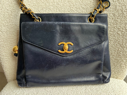 Chanel Vintage Navy Lambskin Chain Tote with 24k Gold Hardware