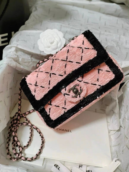 Chanel 24P Small Flap Bag Sequins Black Metal Pink Black