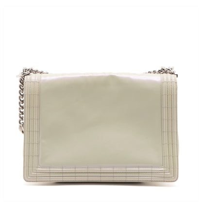 Chanel Boy Leather White Silver Pearl Chain Shoulder Bag