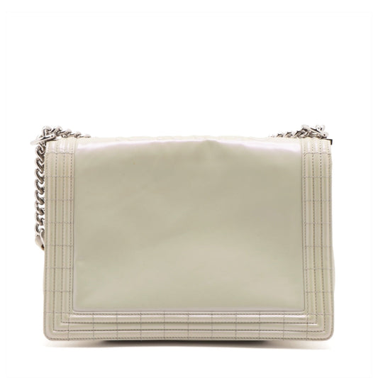 Chanel Boy Leather White Silver Pearl Chain Shoulder Bag