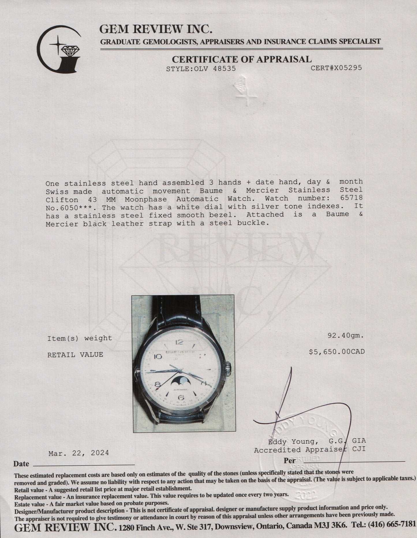 Baume & Mercier Stainless Steel Clifton 43 MM Moonphase Automatic Watch w/ Box & Papers