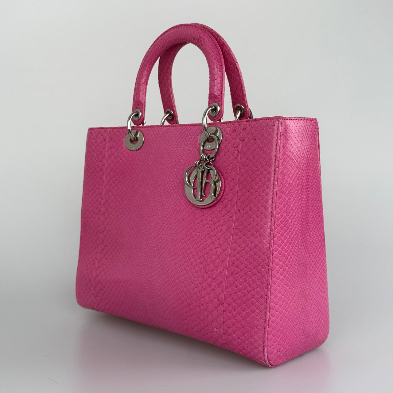 Christian Dior Large Lady Dior Bag With Pink Python Leather And Silver Hardware