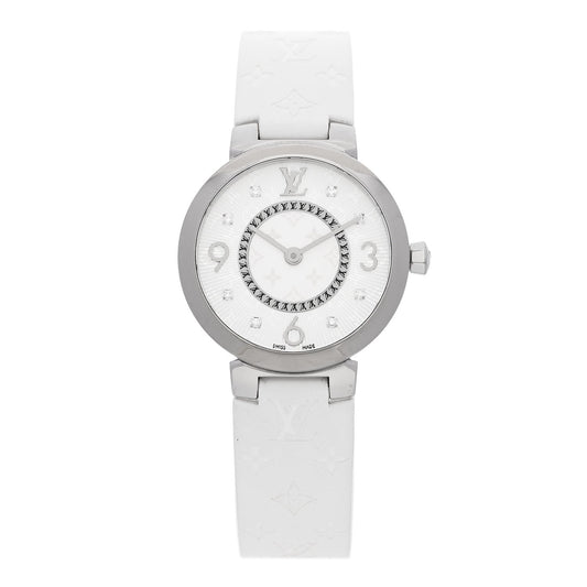 Stainless Steel Rubber Diamond 28mm Tambour Slim Quartz Watch White