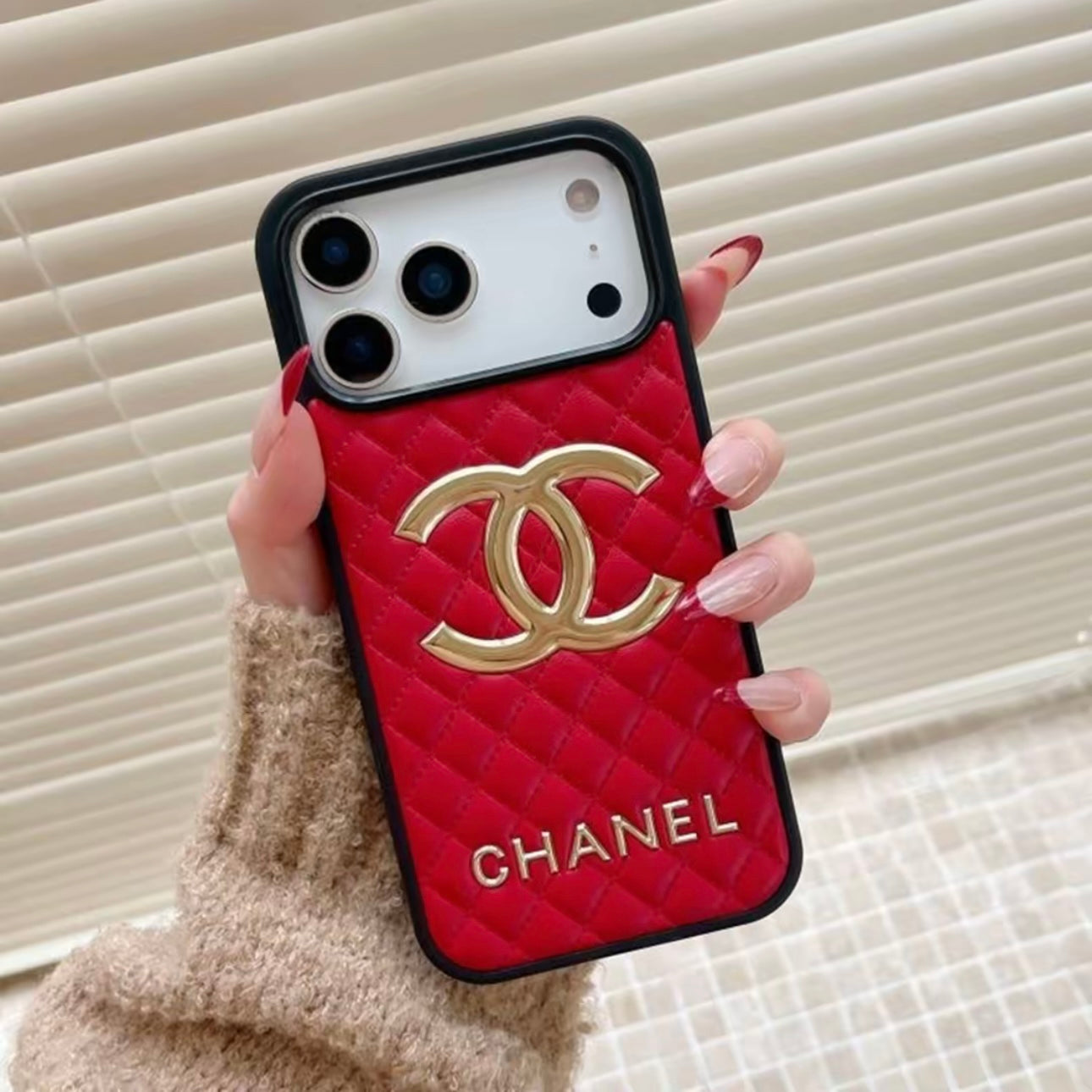 Chanel Classic Quilted Leather 3D Gold Logo Luxury Phone Case