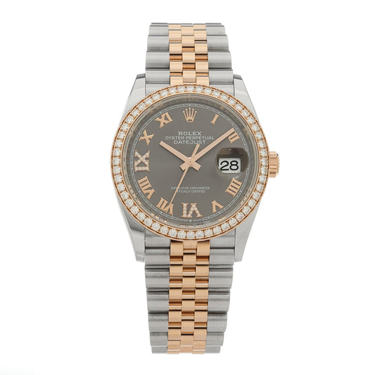 Stainless Steel 18K Everose Gold Diamond 36mm Oyster Perpetual Datejust Watch Rhodium Roman 126281RBR
