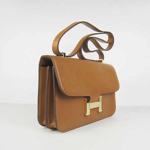 Luxury Hermes Calf Leather Message Bag Light Coffee Golden
