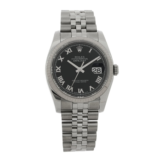 Stainless Steel 18K White Gold 36mm Oyster Perpetual Datejust Watch Black Roman 116234