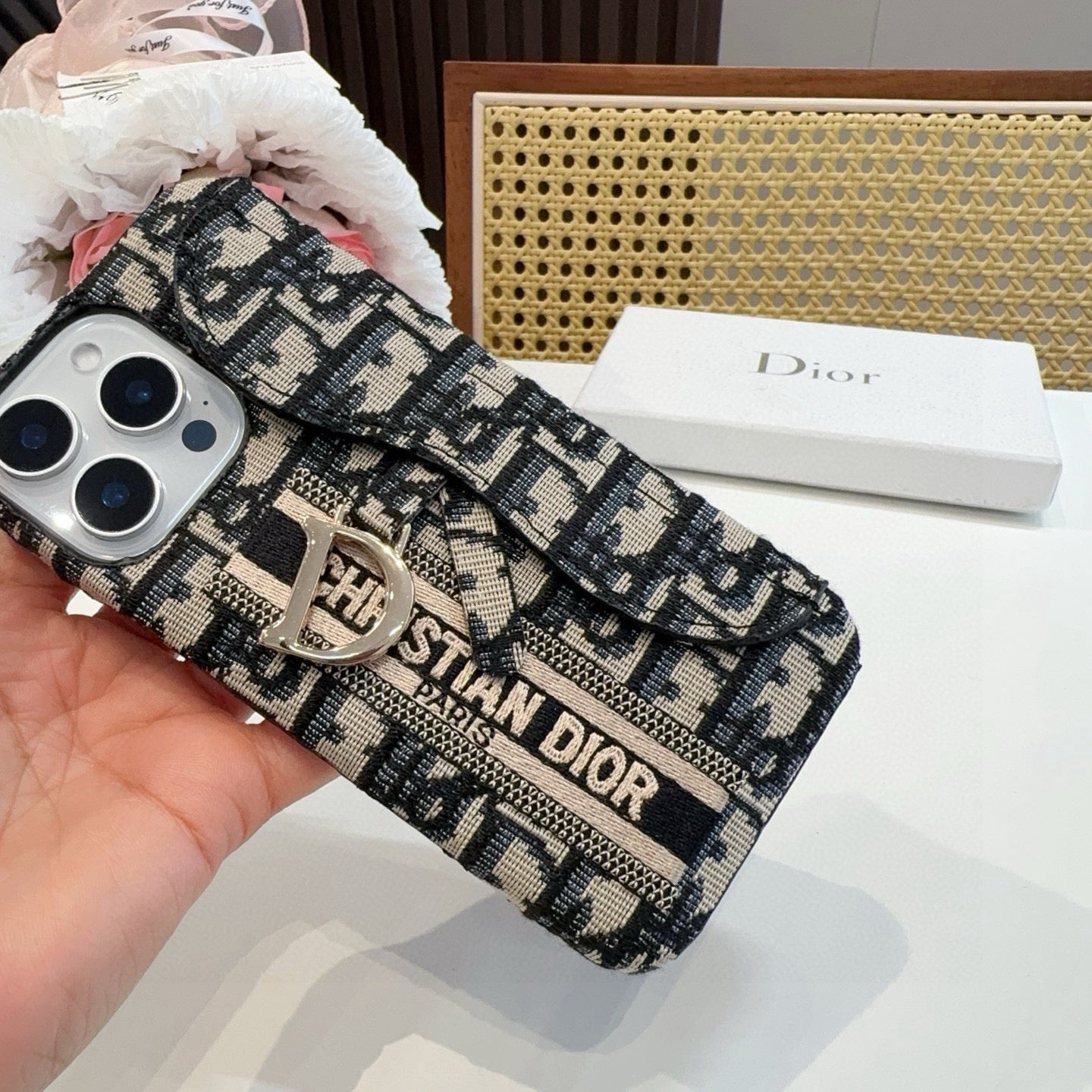 Dior Embroidered Fabric Card Holder Phone Case