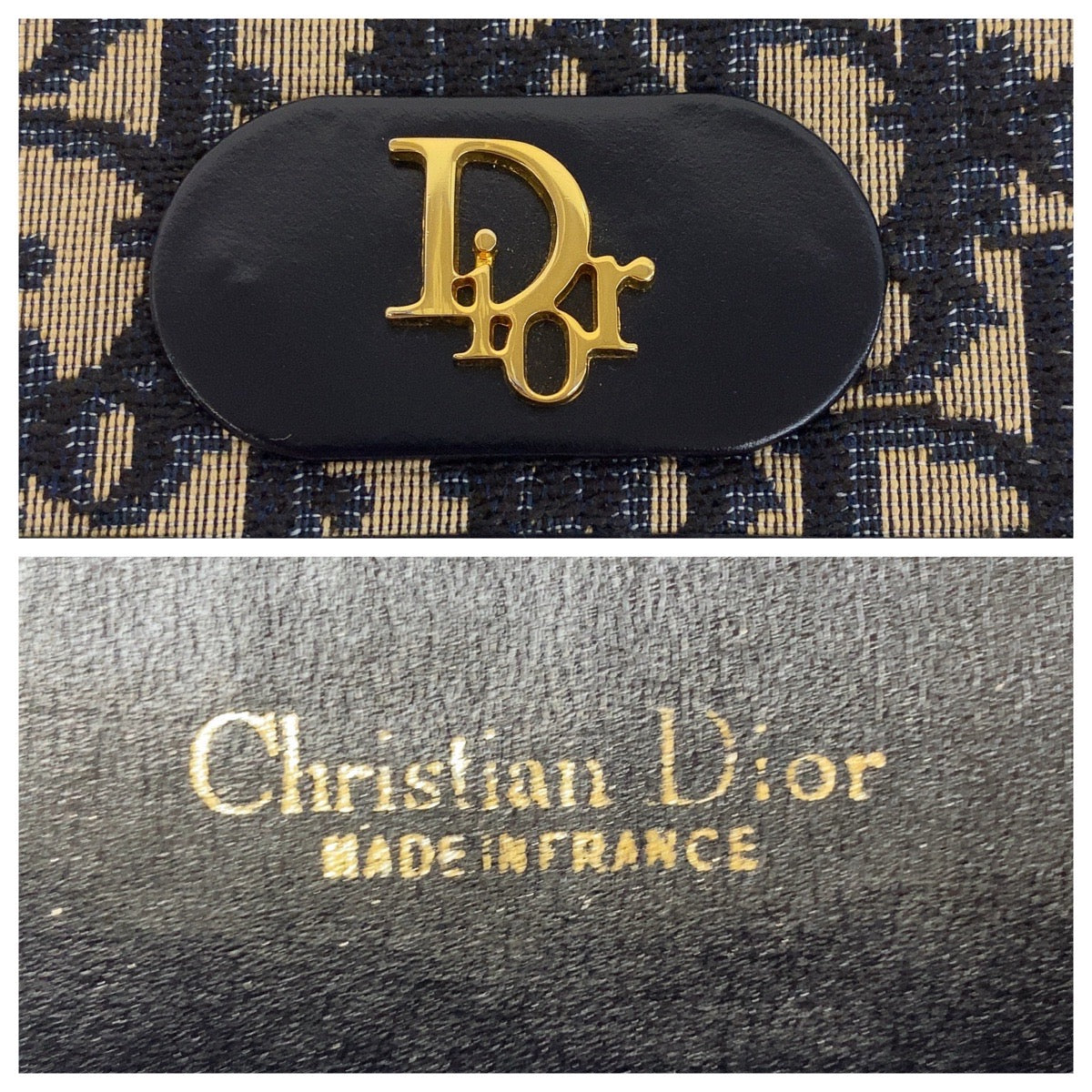 Christian Dior Shoulder Bag canvas Navy Gold Metal Trotter