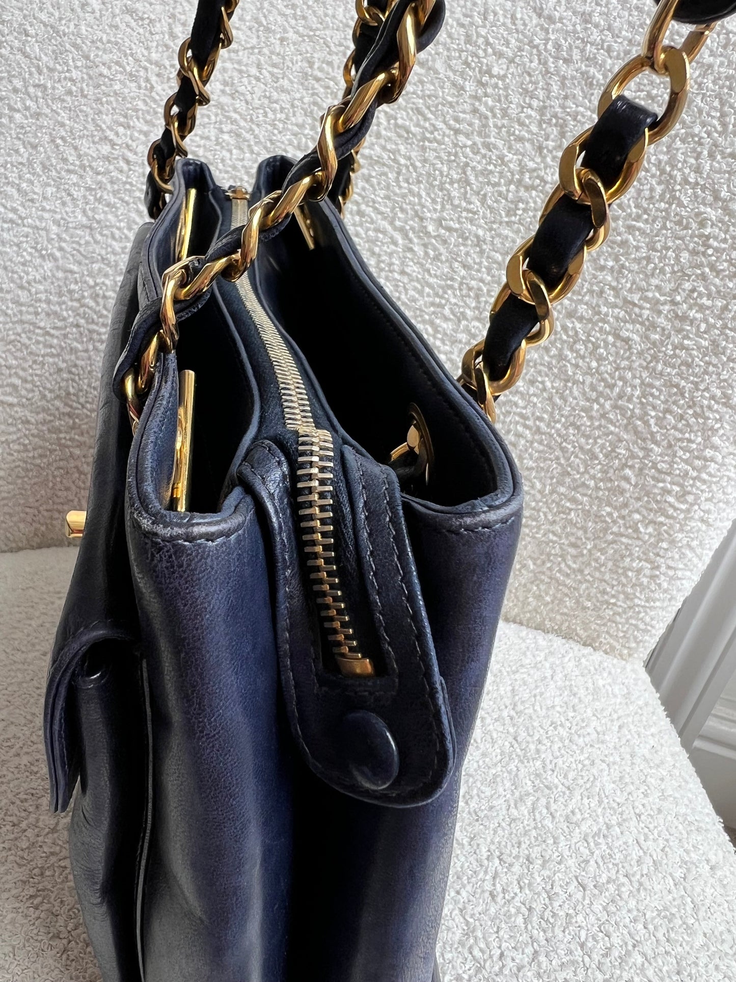 Chanel Vintage Navy Lambskin Chain Tote with 24k Gold Hardware