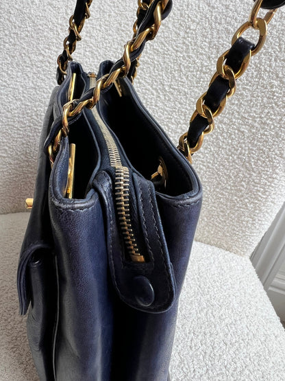 Chanel Vintage Navy Lambskin Chain Tote with 24k Gold Hardware