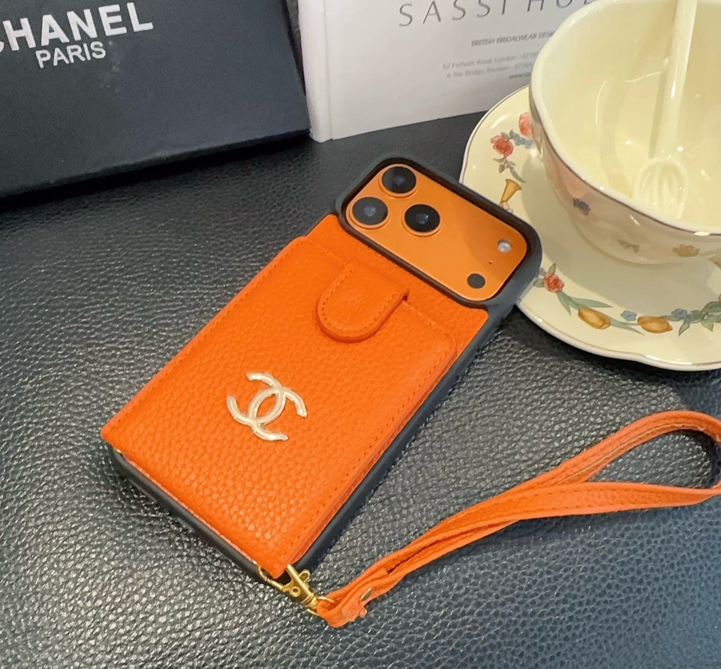 Chanel Style Leather Flip Card Holder Crossbody Phone Case