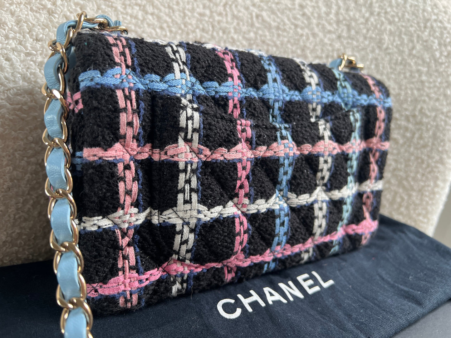 Chanel Classic Quilted Rectangular Mini Flap Bag in Multi Coloured Boucle Tweed and Champagne Gold Hardware (RRP £4390)