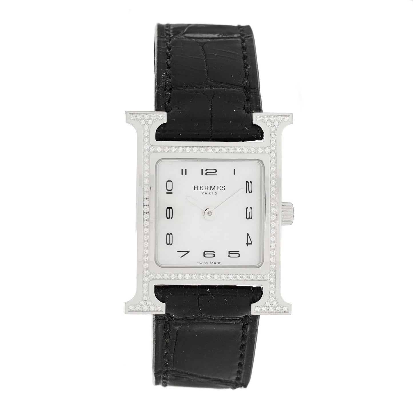 Stainless Steel Alligator Diamond Bezel Mother of Pearl 21mm Heure H Hour Quartz Watch Noir
