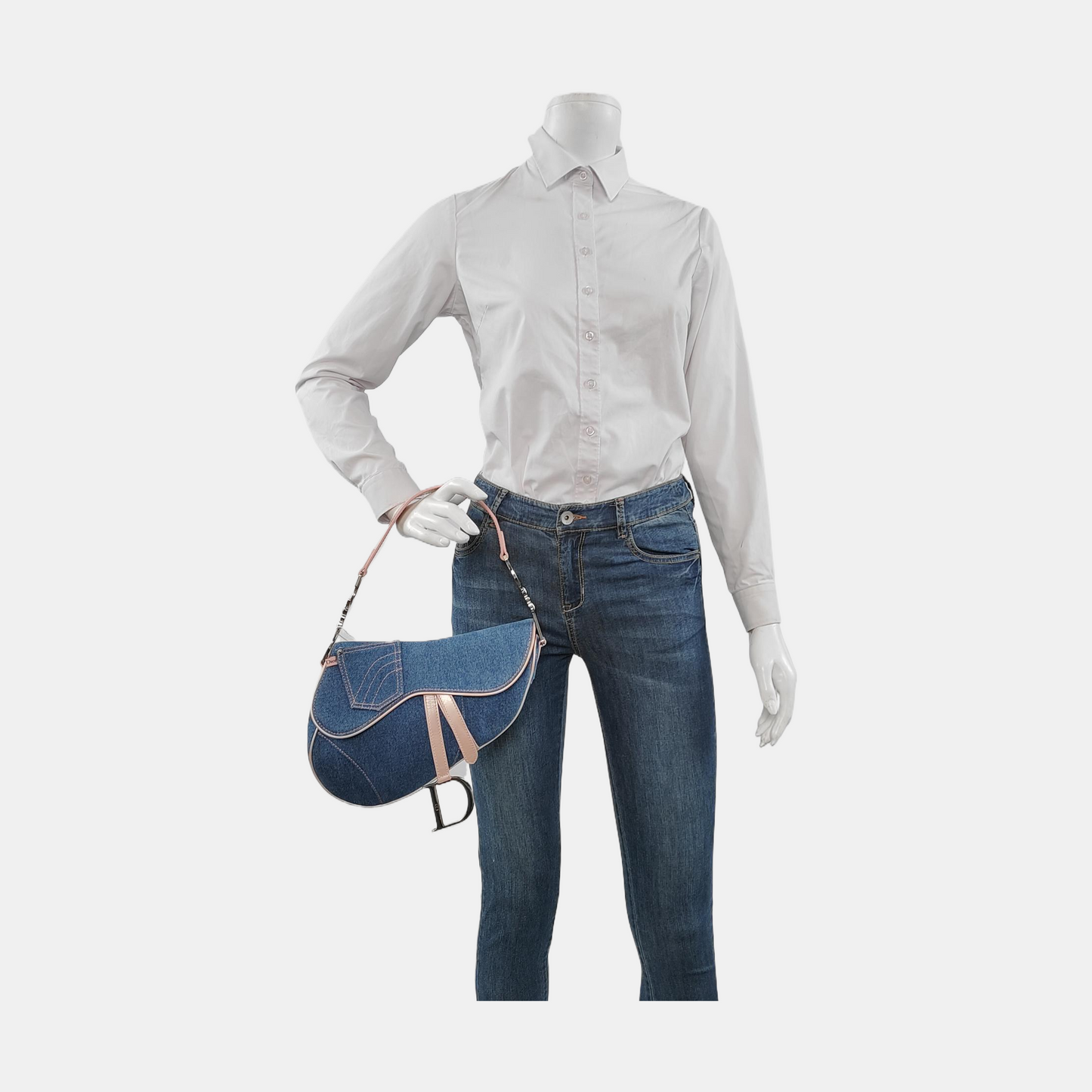 Dior Saddle Blue Denim with Pocket and Pink Leather Trim Shoulder Bag 2003