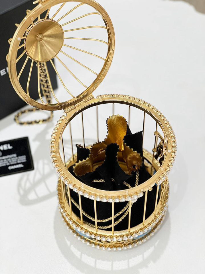Chanel 20A Metal Crystal Enamel Cc Love Bird Cage Minaudiere Clutch Black Gold Multicolor