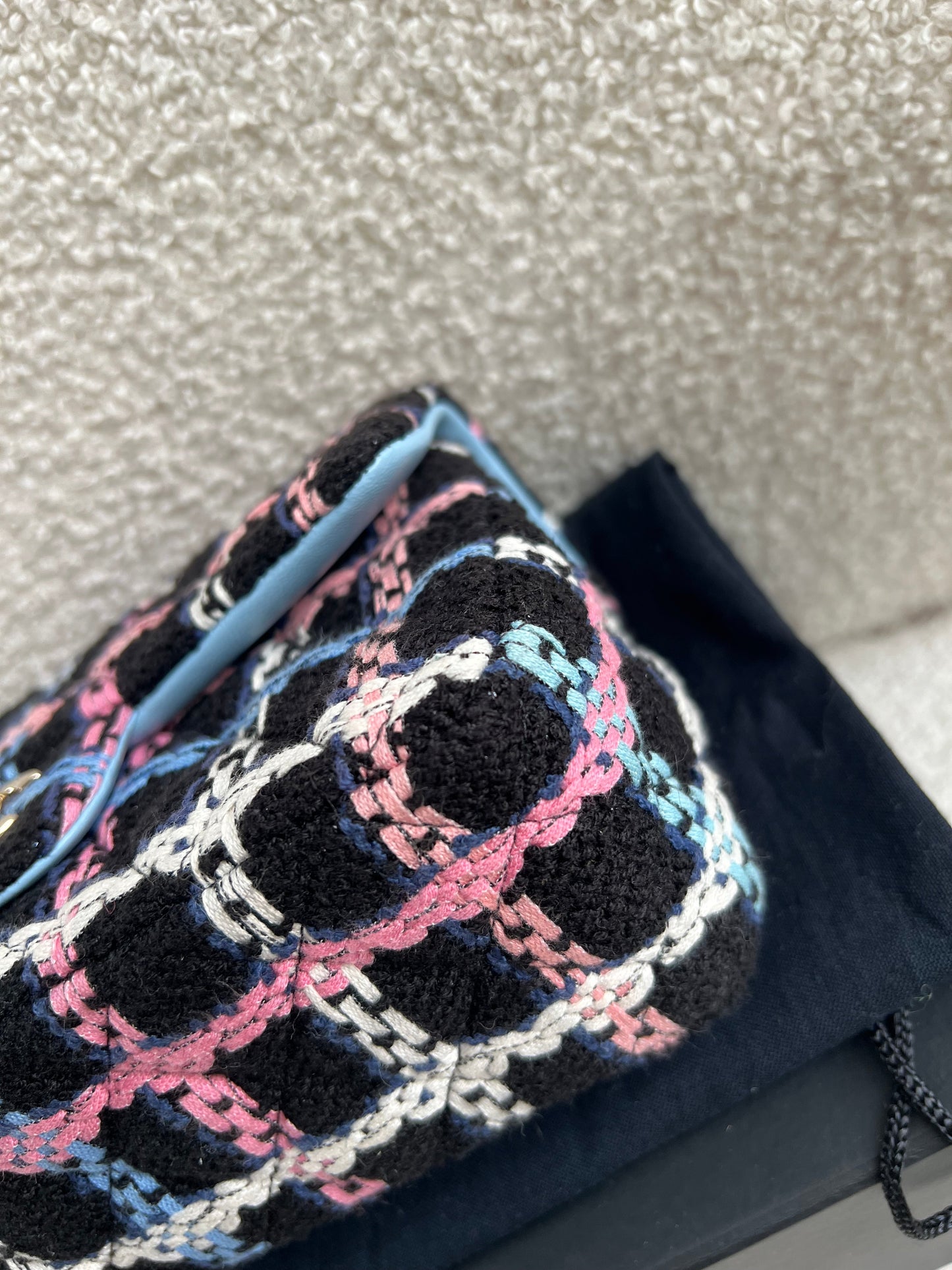 Chanel Classic Quilted Rectangular Mini Flap Bag in Multi Coloured Boucle Tweed and Champagne Gold Hardware (RRP £4390)