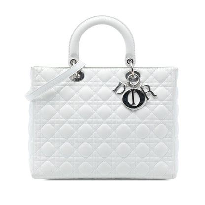 White Dior Large Lambskin Cannage Lady Dior Satchel
