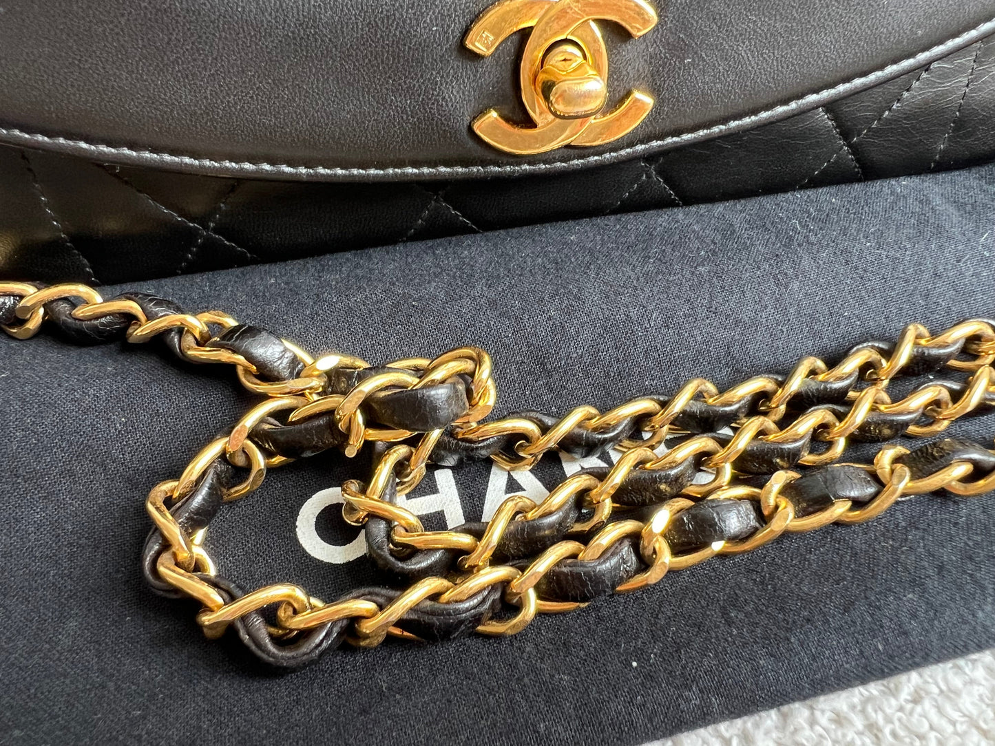 Chanel Vintage Diana Flap Bag in Black Lambskin with 24k Hardware