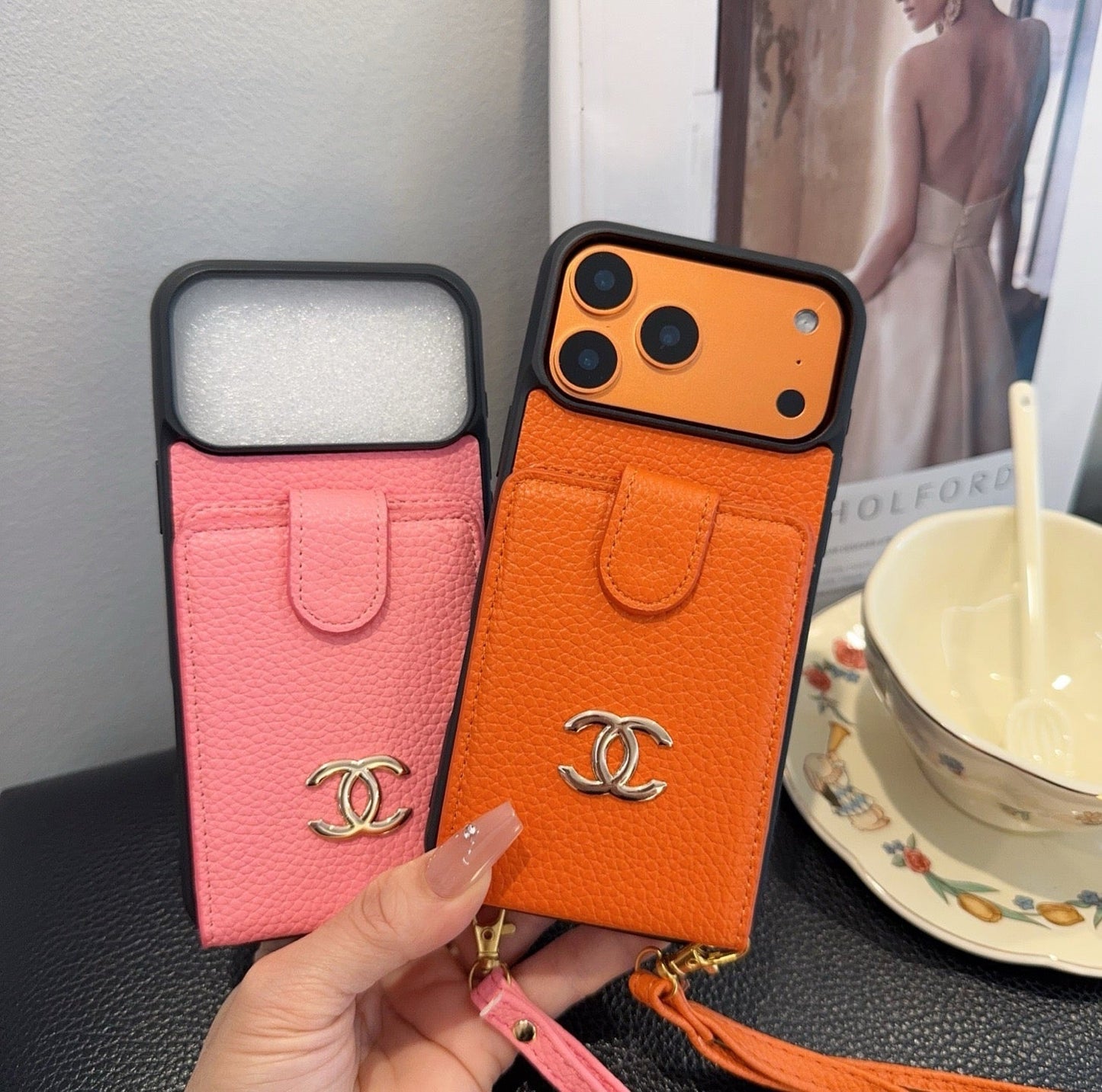 Chanel Style Leather Flip Card Holder Crossbody Phone Case