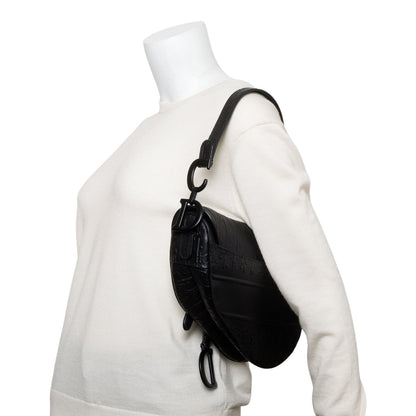 Christian 2022 Dior Black Oblique Embossed Calfskin Leather Saddle Bag