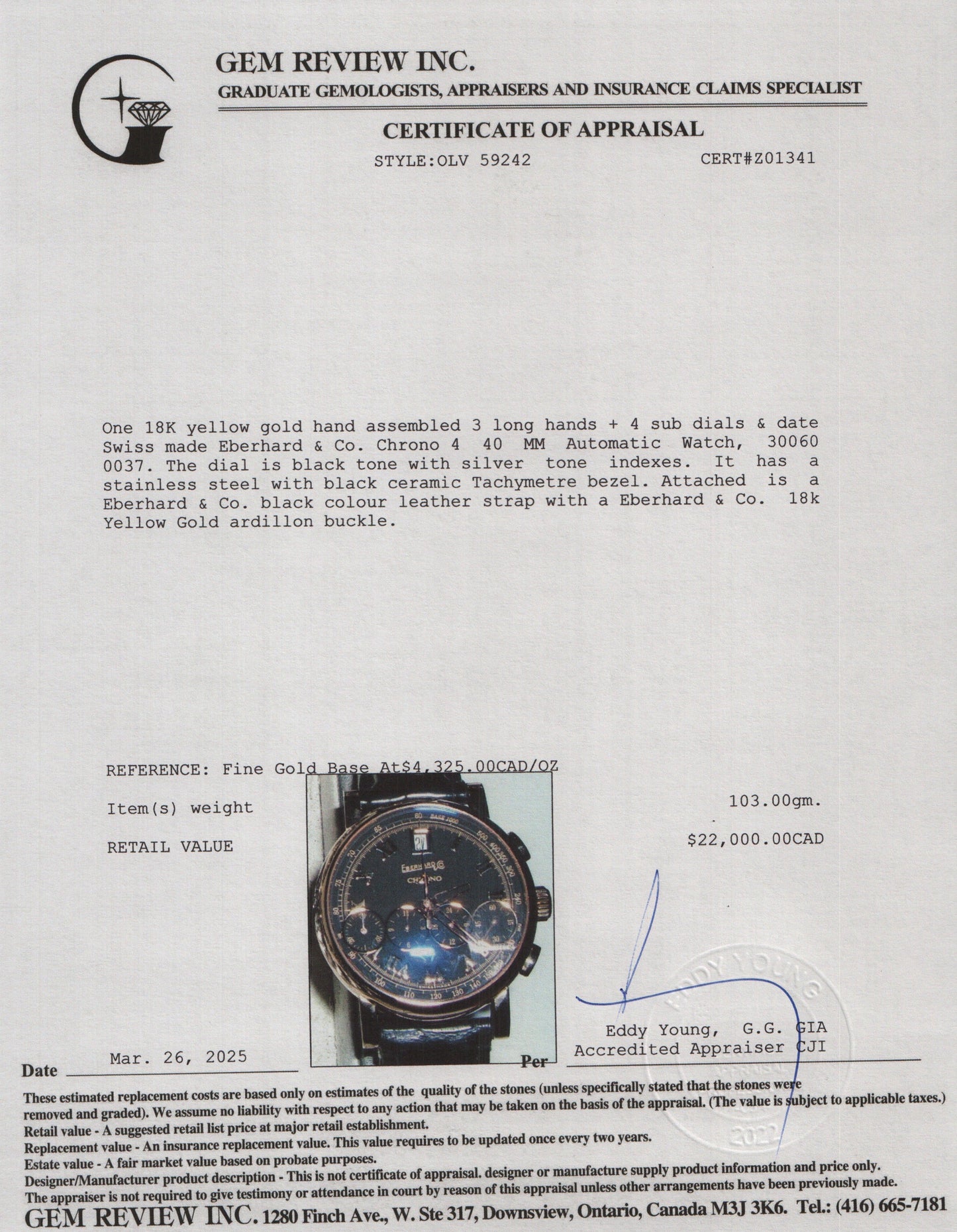Eberhard & Co. 18k Yellow Gold Chrono 4 40 MM Automatic Watch Black Dial w/ Box & Papers