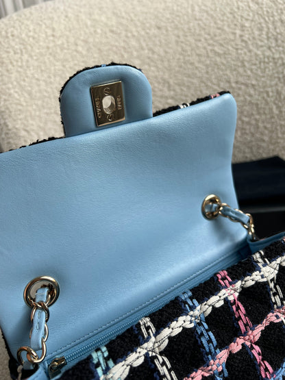 Chanel Classic Quilted Rectangular Mini Flap Bag in Multi Coloured Boucle Tweed and Champagne Gold Hardware (RRP £4390)