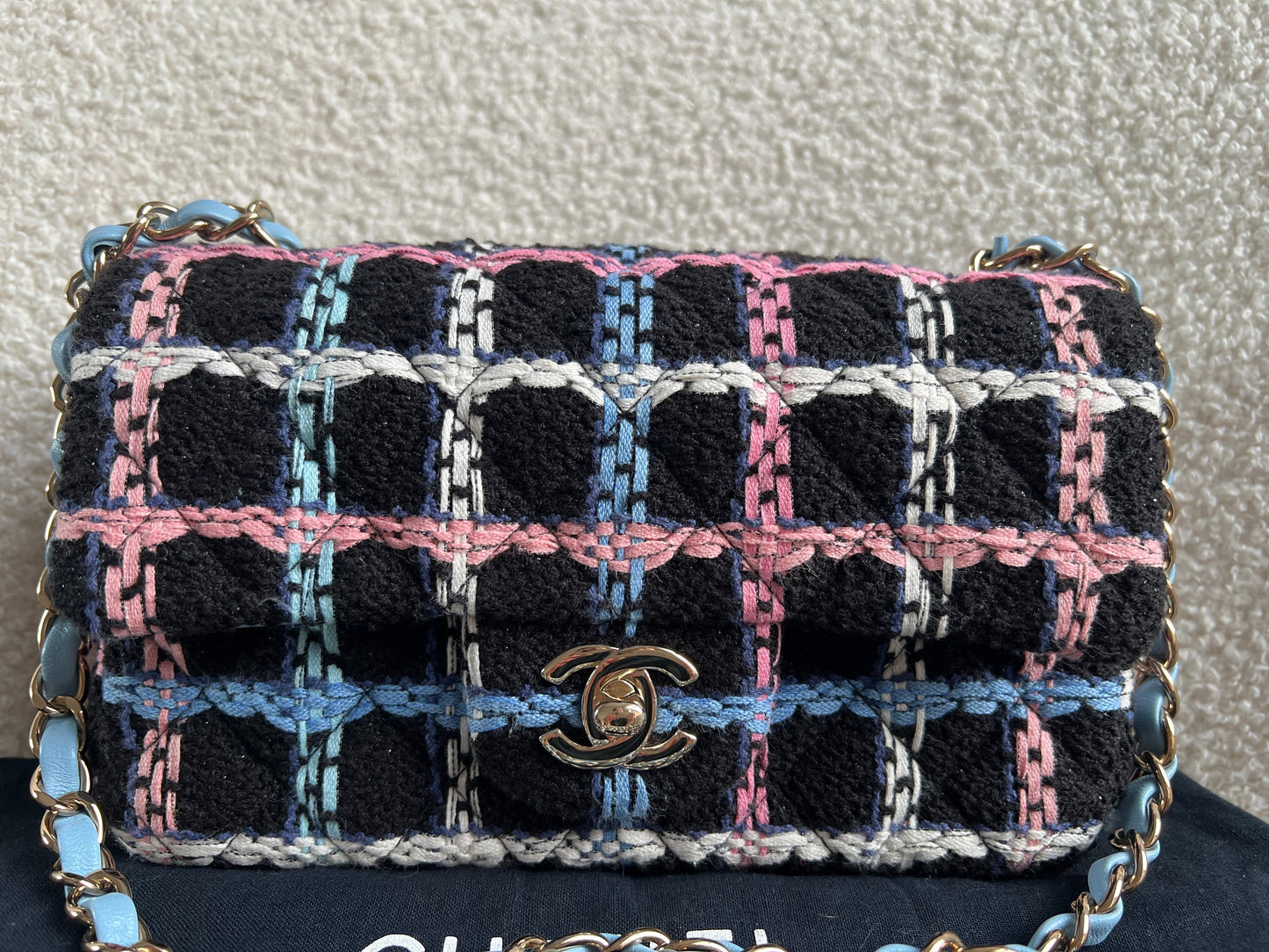 Chanel Classic Quilted Rectangular Mini Flap Bag in Multi Coloured Boucle Tweed and Champagne Gold Hardware (RRP £4390)