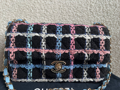 Chanel Classic Quilted Rectangular Mini Flap Bag in Multi Coloured Boucle Tweed and Champagne Gold Hardware (RRP £4390)