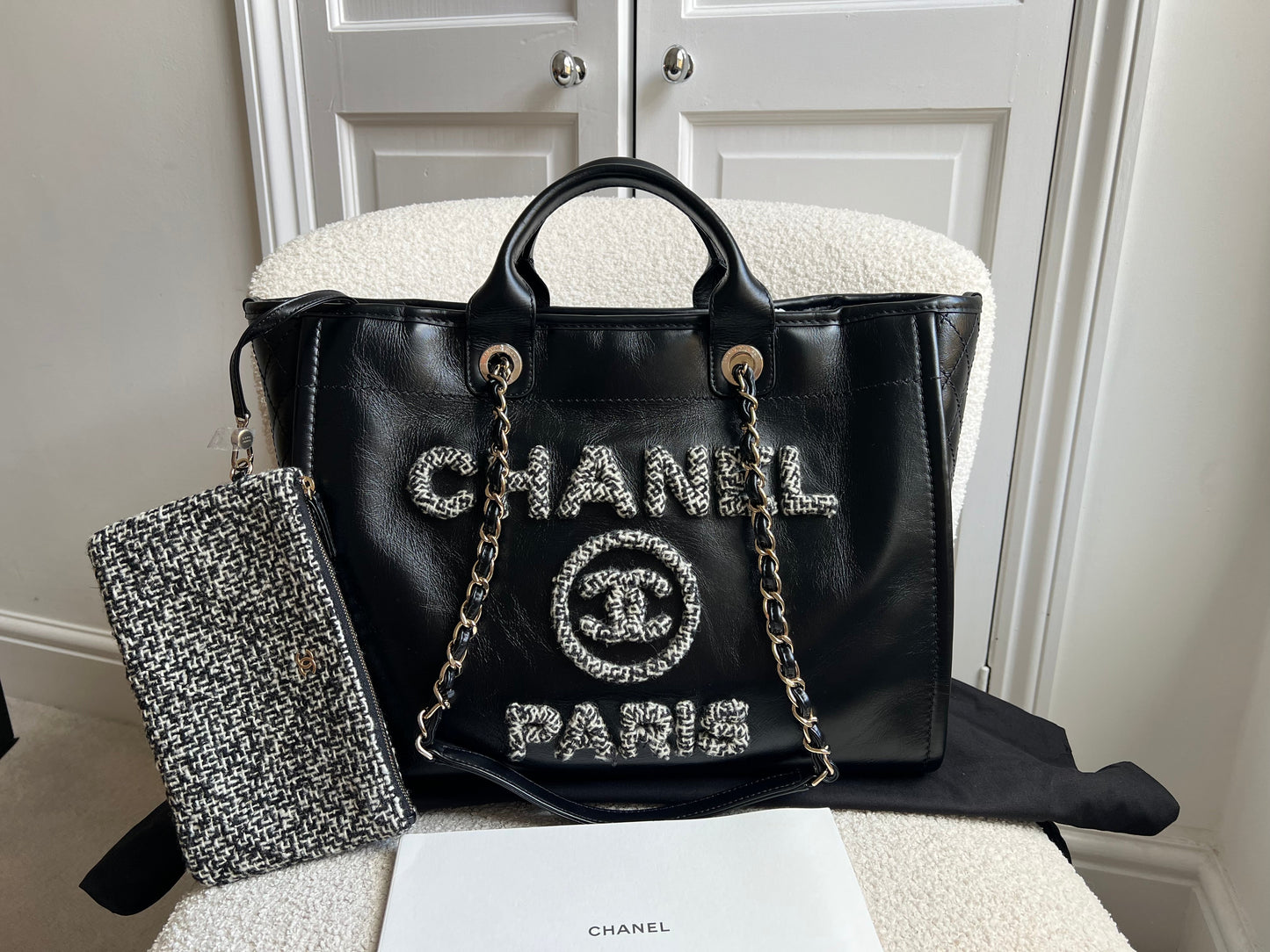 Chanel Deauville Tote in Black Glazed Calfskin and Monochrome Boucle Tweed (RRP £5800)