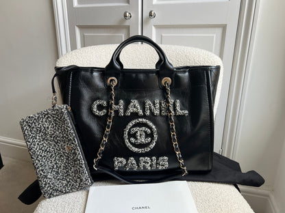 Chanel Deauville Tote in Black Glazed Calfskin and Monochrome Boucle Tweed (RRP £5800)