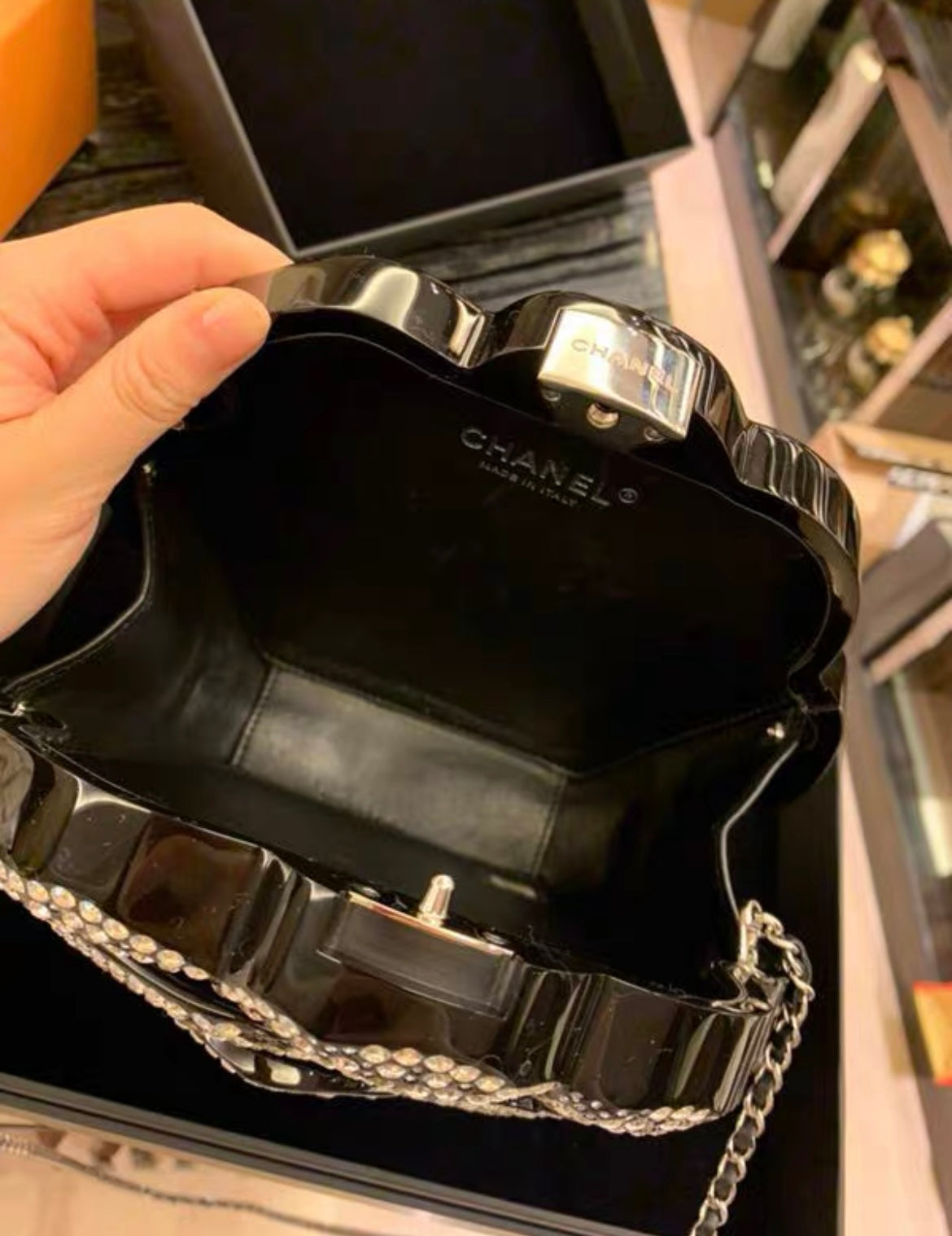 Chanel Strass And Resin Camellia Evening Clutch Bag Silver Hardware 2018