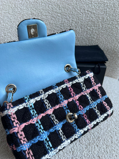 Chanel Classic Quilted Rectangular Mini Flap Bag in Multi Coloured Boucle Tweed and Champagne Gold Hardware (RRP £4390)