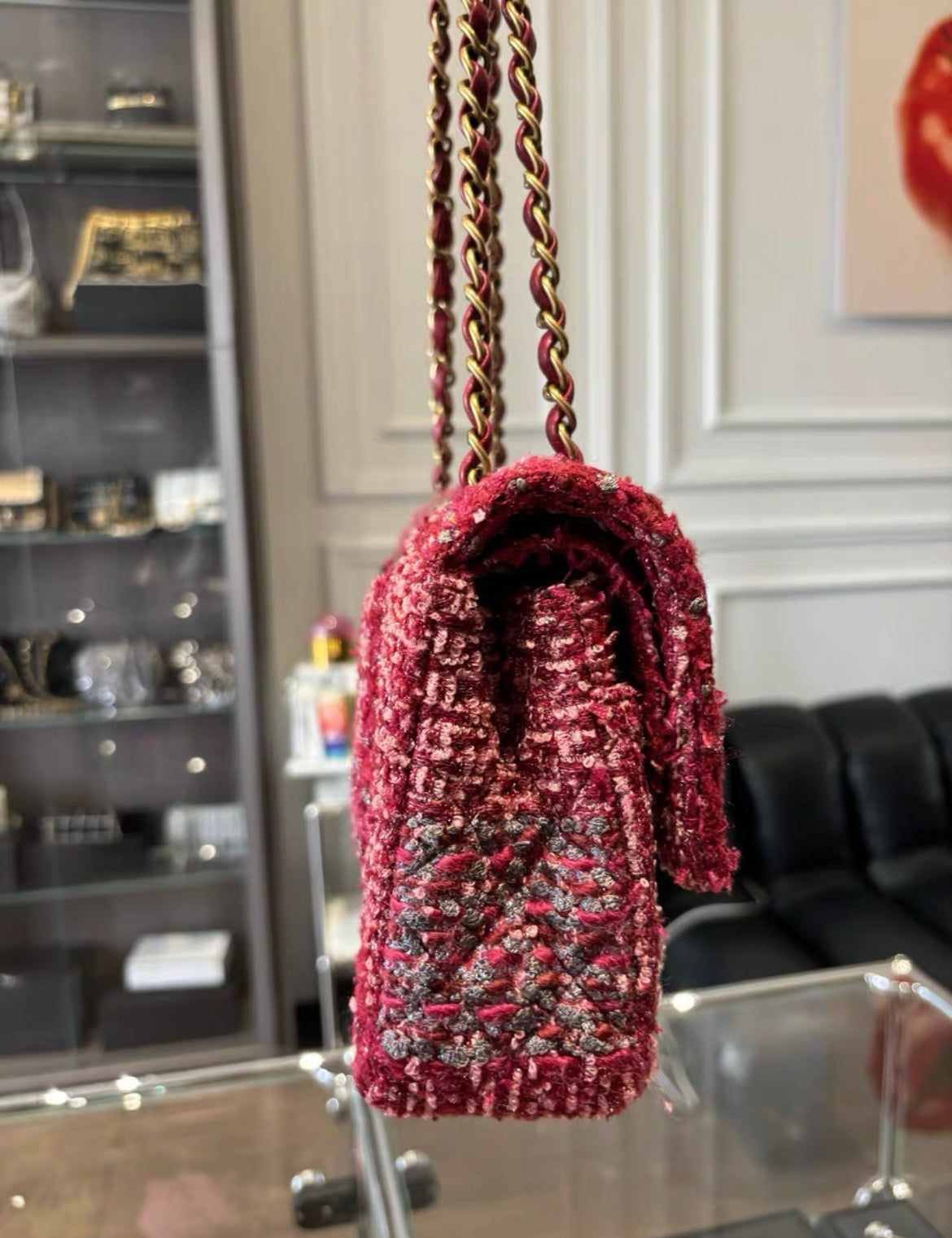 Chanel Burgundy Red And Multicolor Tweed Medium Classic Flap Bag Gold Hardware Rare Model